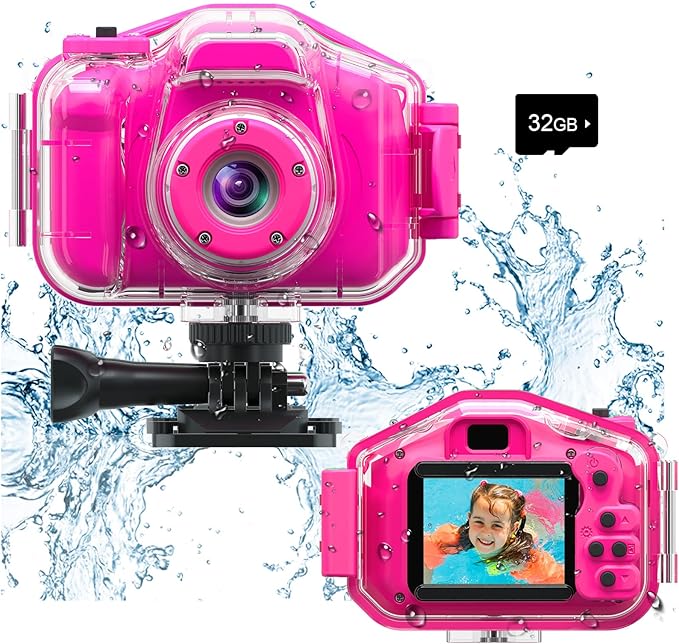 Agoigo Kids Waterproof Camera Toys for 3-12 Year Old Girls Christmas Birthday Gifts, Kids Underwater Sports Camera HD Children Digital Action Camera 2 Inch Screen with 32GB Card (Rose Red)