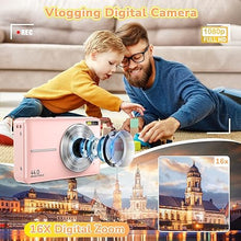 Load image into Gallery viewer, Digital Camera, 2024 Upgraded FHD 1080P Digital Camera for Kids with 16X Zoom, Flashlight, 32GB Card, 44MP Point and Shoot Camera Compact Small Selfie Camera for Girls, Boys, Teens, Students,Pink
