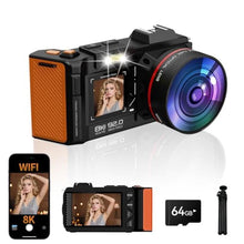 Load image into Gallery viewer, 8K Digital Camera for Photography, 92MP WiFi Vlogging Camera for Front and Rear Screen, 18X Digital Zoom, Point and Shoot Camera for YouTube with 64GB SD Card (8K Black), KBlack_1
