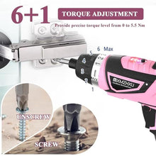 Load image into Gallery viewer, 8V Cordless Screwdriver,6+1 Torque Max 10Nm Electric Power Screwdriver with 47 Accessories,180Pivoting Handle, 2000mAh Rechargeable Screw Gun&amp;Bit Set with LED Light, Flexible Shaft,for Home,Office, Pink_5744
