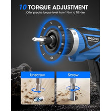 Load image into Gallery viewer, 8V Cordless Screwdriver,Upgraded 10+1 Precision Torque Max 10Nm Electric Screwdriver,2000mAh Rechargeable Screw Gun with 50-Piece Kit,180 Pivoting Handle,LED Light,Gift for DIY &amp; Home, Blue_5261
