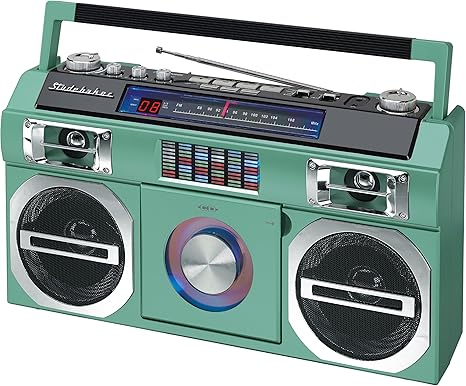 Studebaker SB2145TE 80's Retro Street Bluetooth Boombox with FM Radio, CD Player, LED EQ, 10 Watts RMS Power and AC/DC in Teal