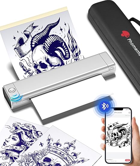 Phomemo Tattoo Stencil Printer with Case, Bluetooth Tattoo Printer with 10pcs Tattoo Transfer Paper, Thermal Portable Tattoo Machine for Tattoo Artists & Beginners, Compatible with Phone & PC, Silver