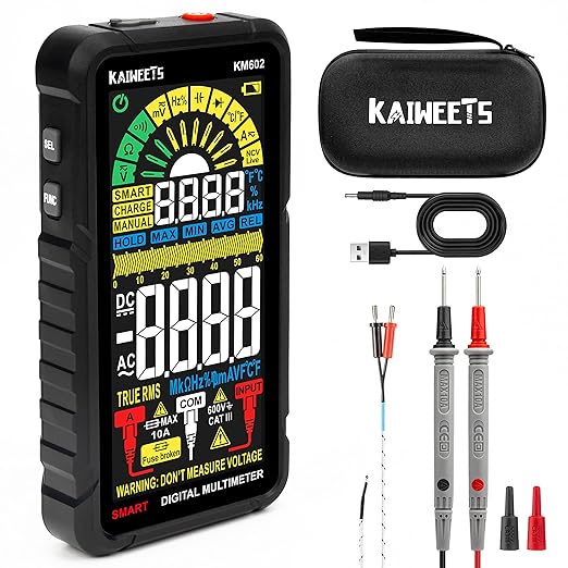 KAIWEETS Smart Multimeter Rechargeable Electrical Tester with Auto Ranging Digital Voltmeter Measures Voltage Current Resistance Continuity Capacitance Temperature Frequency NCV 6000 Counts TRMS