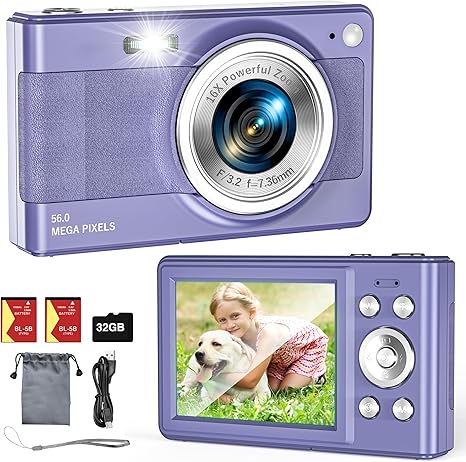 Upgrade Digital Camera, 56MP FHD 1080P Camera for Kids with 16x Zoom Anti Shake, Kid Camera with 32GB TF Card, Two Batteries, Lanyard, Compact Small Camera for Kids Boys Girls?Purple?
