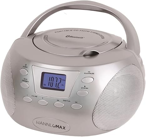 HANNLOMAX HX-332CD Portable CD Boombox, PLL FM Radio, Bluetooth, LCD Display, Aux-in, AC/DC Dual Power Source (Silver)