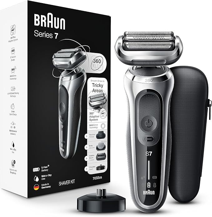 Braun Series 7 7032cs Flex Electric Razor for Men, Wet & Dry, Electric Razor, Rechargeable, Cordless Foil Shaver with Beard Trimmer and Charging Stand, Silver