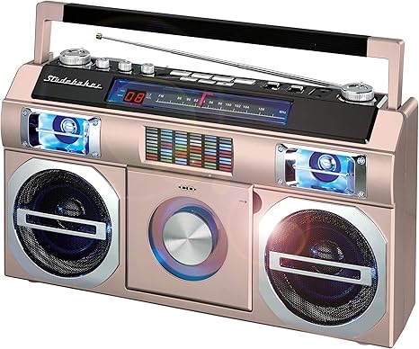 Studebaker SB2145RG 80's Retro Street Bluetooth Boombox with FM Radio, CD Player, LED EQ, 10 Watts RMS Power and AC/DC in Rose Gold