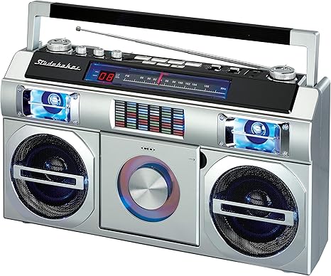 Studebaker SB2145S 80's Retro Street Bluetooth Boombox with FM Radio, CD Player, LED EQ, 10 Watts RMS Power and AC/DC in Silver