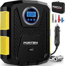Load image into Gallery viewer, FORTEM Tire Inflator Portable Air Compressor 150 PSI, Bike Pump, 12V Electric Air Pump for Car Tires and Bicycles w/LED Light, Digital Tire Pressure Gauge w/Auto Pump/Shut Off, Carrying Case (Yellow)
