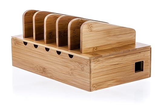 Prosumer's Choice Bamboo Charging Station Organizer - Multi-Device Docking Station with Removable Divider Slots - Tablet and Smartphones Rack and Cable Management Slots - 12.5Lx6.5Hx7.5W-Inch