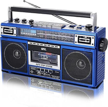 Load image into Gallery viewer, QFX J-220BT Blue Boombox MP3 Conversion from Radio to Cassette with 4-Band (AM, FM, SW1, SW2) Radio with Bluetooth, Dual 3” Speakers, Built-in Microphone, Recorder, and a 3-Band Equalizer
