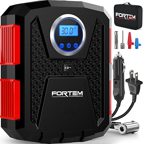 FORTEM Tire Inflator 150 PSI, Bike Pump, 110V AC 12V DC Air Pump for Car Tires, Digital Tire Pressure Gauge w/Auto Pump/Shut Off, Carrying Case (Red)