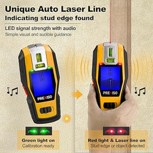 Load image into Gallery viewer, PREXISO 2-in-1 Stud Finder with Laser Level, Rechargeable Multi Surface Cross Line Laser &amp; Wall Stud Scanners Tool for Hanging Frames &amp; Picture, Wood Ac Wire Metal Studs Joist Pipe Detection
