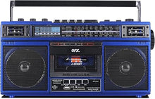 Load image into Gallery viewer, QFX J-220BT Blue Boombox MP3 Conversion from Radio to Cassette with 4-Band (AM, FM, SW1, SW2) Radio with Bluetooth, Dual 3” Speakers, Built-in Microphone, Recorder, and a 3-Band Equalizer
