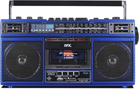 QFX J-220BT Blue Boombox MP3 Conversion from Radio to Cassette with 4-Band (AM, FM, SW1, SW2) Radio with Bluetooth, Dual 3” Speakers, Built-in Microphone, Recorder, and a 3-Band Equalizer