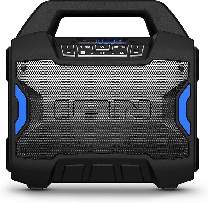 ION Tailgater Boom - Outdoor Portable Bluetooth Speaker with Mic in, FM Radio, USB Port, Battery, IPX5 Water-Resistant, Wireless Stereo-Link, App, 60W