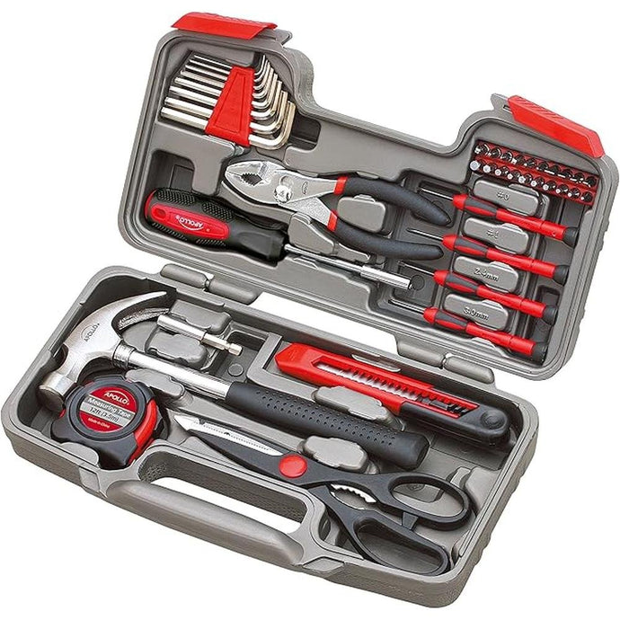 Apollo Tools Original 39 Piece General Household Tool Set in Toolbox Storage Case with Essential Hand Tools for Everyday Home Repairs, DIY and Crafts Red/Black - DT9706