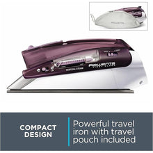 Load image into Gallery viewer, Rowenta Travel Iron, Pro Compact Stainless Steel Soleplate Hand Held Steamer Iron for Clothes, 200 Microsteam Holes, 1000 Watts Ironing, Fabric Steamer, Dual Voltage, Mini Iron, Purple, DA1560
