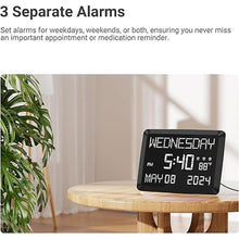 Load image into Gallery viewer, 11.5” Digital Wall Clock with Date,Time,Week,Indoor Temperature,3 Alarms,5 Dimmer,2 USB Chargers,Battery Backup,Snooze,12/24H for Elderly,Parents,Impaired Vision,Dementia,Memory Loss,Office,Bedroom
