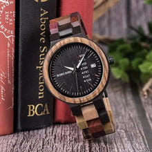 Load image into Gallery viewer, BOBO BIRD Wood Watches Colorful Wood WristWatches Week &amp; Date Display Multifunction Handmade Quartz Watch Sport Chronograph Unique Wristwatch for Men Women
