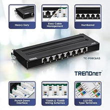 Load image into Gallery viewer, TRENDnet 8-Port Cat6A Shielded Patch Panel, Wall Mount Ready, 10G Ready, Cat5e,Cat6,Cat6A Compatible, Metal Housing, Color-Coded Labeling for T568A &amp; T568B Wiring, Cable Management, Black, TC-P08C6AS
