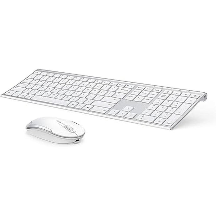 Wireless Keyboard and Mouse, Vssoplor 2.4GHz Rechargeable Compact Quiet Full-Size Keyboard and Mouse Combo with Nano USB Receiver for Windows, Laptop, PC, Notebook-White Silver