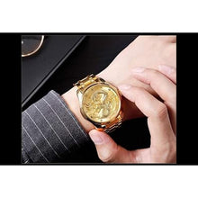 Load image into Gallery viewer, Men Luxury Gold Chinese Dragon Carved Dial Diamond Quartz Watch Casual Waterproof Sport Stainless Steel Wristwatch
