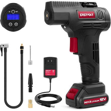 Load image into Gallery viewer, Eastvolt 12V Tire Inflator Air Compressor, Multi-Purpose Electric Power, Max 150PSI with 4-Unit Measurement Gauge, 3 Nozzles, Fast Charger and 1.5 Ah Rechargeable Battery
