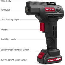 Load image into Gallery viewer, Eastvolt 12V Tire Inflator Air Compressor, Multi-Purpose Electric Power, Max 150PSI with 4-Unit Measurement Gauge, 3 Nozzles, Fast Charger and 1.5 Ah Rechargeable Battery
