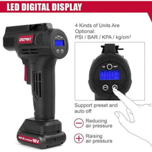 Load image into Gallery viewer, Eastvolt 12V Tire Inflator Air Compressor, Multi-Purpose Electric Power, Max 150PSI with 4-Unit Measurement Gauge, 3 Nozzles, Fast Charger and 1.5 Ah Rechargeable Battery
