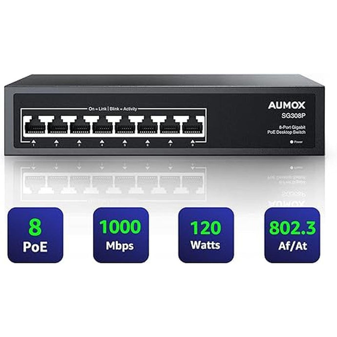 8 Port Gigabit PoE Switch, 8 Port PoE 120W, Gigabit Ethernet Unmanaged Network Switch, Plug and Play, Sturdy Metal Housing, Traffic Optimization