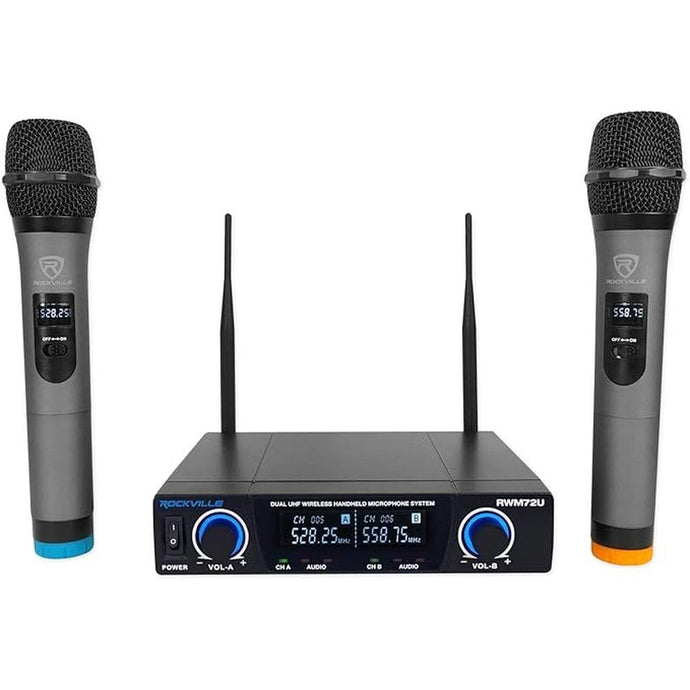 Rockville RWM72U Dual UHF Wireless Handheld Microphone System, 200 Channels, Digital Display, Long Range, for Karaoke and Live Performances