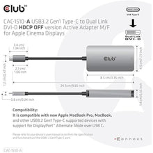 Load image into Gallery viewer, Club3D CAC-1510-A USB Type C to Dual Link DVI-D Cable Adapter Support 3840x2160@30hz, 2560x1600@60Hz HDCP Off for Apple Cinema Displays M/F

