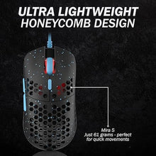 Load image into Gallery viewer, HK Gaming Mira S Ultra Lightweight RGB Gaming Mouse | Honeycomb Shell | 61 Grams | max 12000 cpi | USB Wired | 6 programmable Buttons | On-Board Memory | Anti Slip Grips | Mira-S Blue Phantom
