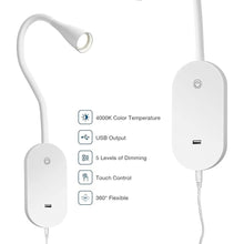 Load image into Gallery viewer, Wall Mount Reading Light, Focused Book Light for Reading in Bed, 5 Dimming, USB Output, 4 Hours Auto Off, Touch Control, Flexible Gooseneck Headboard Reading Lamp, Easy to Install White

