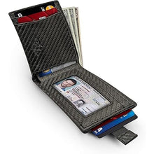 Load image into Gallery viewer, Bryker Hyde Slim Vertical Bifold RFID Blocking Full Grain leather Wallet for Men, Front Pocket, Bill/Receipt pocket and Pull Tab Card Slot (Carbon Fiber Black w/Pull Out Card Pocket)
