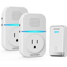 Load image into Gallery viewer, TECKNET Wireless Doorbell, Self-Powered Doorbell, 0-110db Plug-through Wireless Doorbell Ringer for Homes Classroom, IP66 Waterproof 1300ft Door Chime with Extra Socket, 60 Chimes, LED Light (White)
