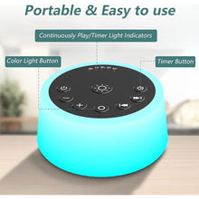 Load image into Gallery viewer, Color Noise Sound Machines with 10 Colors Night Light 25 Soothing Sounds and Sleep White Noise Machine 32 Volume Levels 5 Timers Adjustable Brightness Memory Function for Adults Kids Baby
