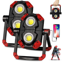 Load image into Gallery viewer, Yzoni 2 Pack LED Work Light Rechargeable, 2 COB 2500LM Folding Portable Flood Light with Magnetic Base and 360° Rotation Stand, Spotlights for Camping Car Repairing Emergency Job Site Lighting
