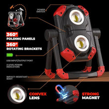Load image into Gallery viewer, Yzoni 2 Pack LED Work Light Rechargeable, 2 COB 2500LM Folding Portable Flood Light with Magnetic Base and 360° Rotation Stand, Spotlights for Camping Car Repairing Emergency Job Site Lighting
