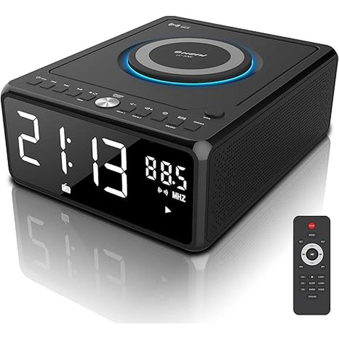 Gelielim CD Player Alarm Clock Radio Combo, Bluetooth Boombox With Qi Certified Fast Wireless Charger, Support MP3/AUX/USB/FM Radio, Remote Control, Large Display, Dimmer