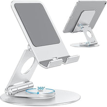 Load image into Gallery viewer, OMOTON Swivel Tablet Stand for iPad with 360 Rotating Base, Foldable Adjustable Holder for Drawing, Compatible with iPad Pro/Air/Mini and More, Silver

