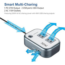 Load image into Gallery viewer, FOVAL 200W Car Power Inverter, DC 12V to 110V AC Car Laptop Charger Fast Charger Converter with [27W PD USB-C] &amp; Dual USB Ports Multi-Protection Car Outlet Adapter Power Inverter for Vehicles
