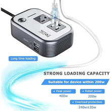 Load image into Gallery viewer, FOVAL 200W Car Power Inverter, DC 12V to 110V AC Car Laptop Charger Fast Charger Converter with [27W PD USB-C] &amp; Dual USB Ports Multi-Protection Car Outlet Adapter Power Inverter for Vehicles
