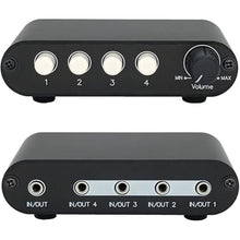 Load image into Gallery viewer, 4-Way 3.5mm Stereo Audio Switch Input Signal Source Switcher Selector Splitter Box with line Volume Controller (4 in 1 Out / 1 in 4 Out) -MC41

