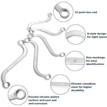 Load image into Gallery viewer, Offset S-Style Box End Wrench Set, 5-Piece, Chrome Vanadium Steel, 10x11mm, 12x13mm, 14x15mm, 16x17mm, 18x19mm
