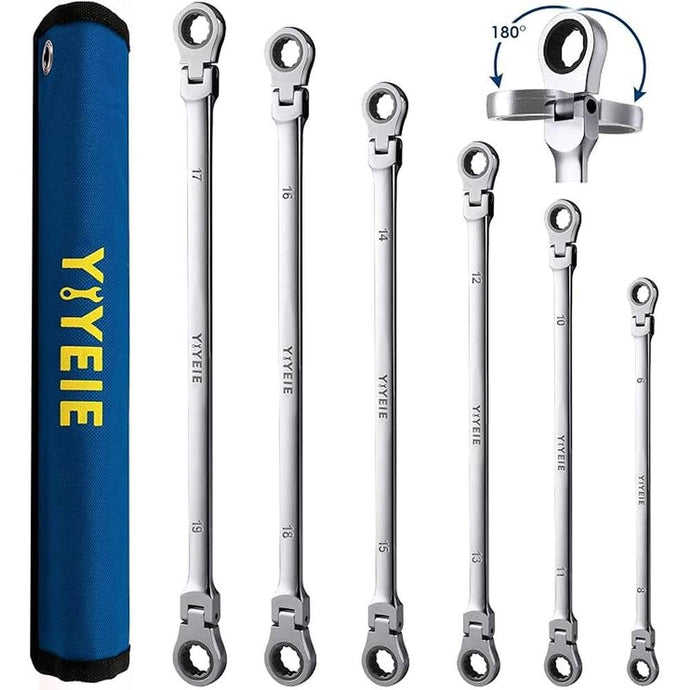 6 Pcs Extra Long Flex Head Ratcheting Wrench Set, Metric Long Wrench 8mm - 19mm, 72-Tooth Double Box End Wrenches, Chrome Vanadium Steel with Mirror Polish Finish, Rolling Pouch