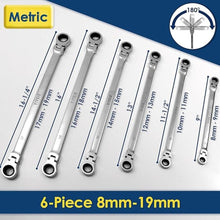 Load image into Gallery viewer, 6 Pcs Extra Long Flex Head Ratcheting Wrench Set, Metric Long Wrench 8mm - 19mm, 72-Tooth Double Box End Wrenches, Chrome Vanadium Steel with Mirror Polish Finish, Rolling Pouch

