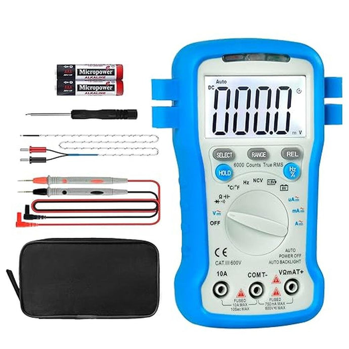 Multimeter 6000 Count TRMS Electrical Tester, Kethvoz 600V Voltmeter Battery Tester Measure AC DC Voltage Current Ohm Capacitance Temperature, Carrying Case & Sharp Test Leads Included